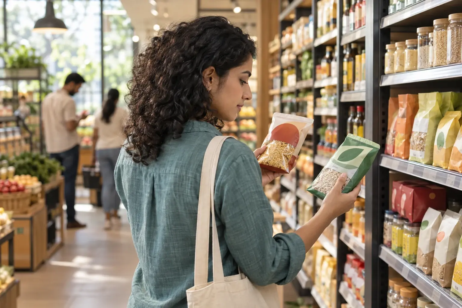 Illustrative shopper comparing everyday packaged products in a contemporary Indian supermarket