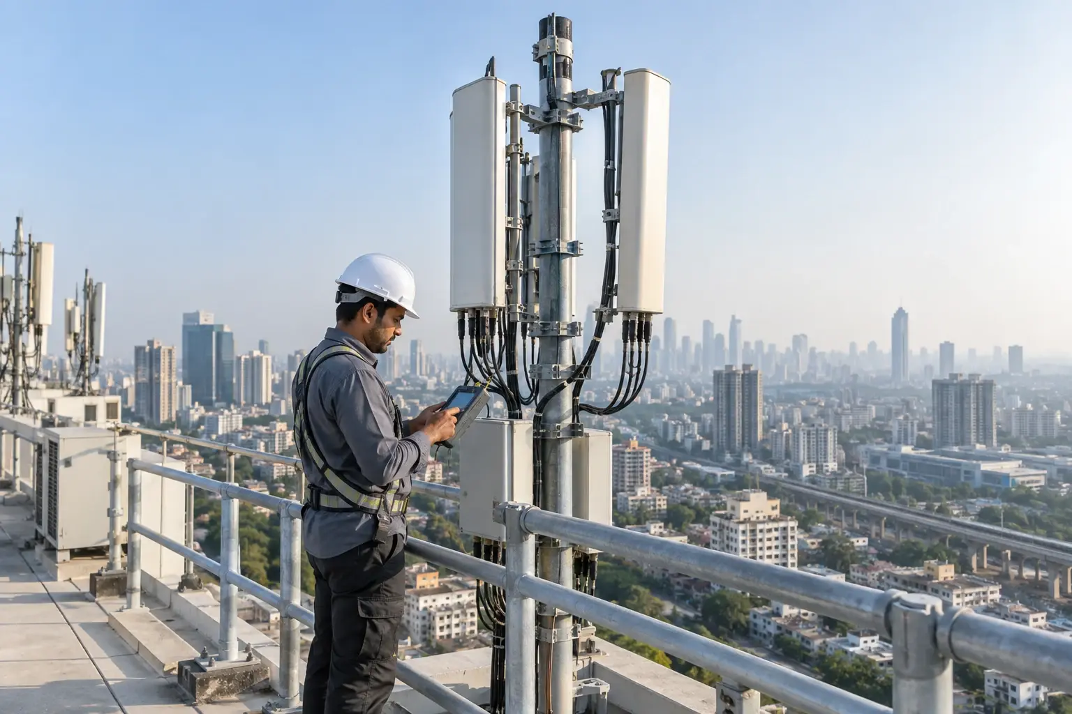 Illustrative telecommunications engineer checking a rooftop antenna installation above an Indian city