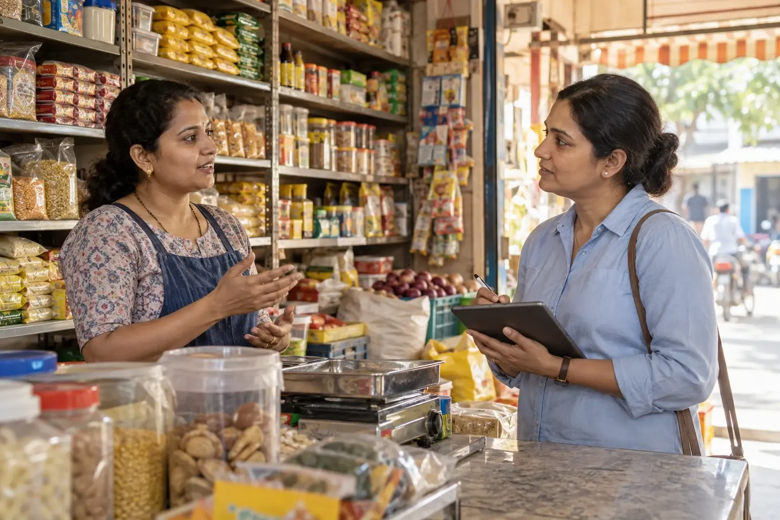 Illustrative scene of a researcher listening to an Indian shop owner