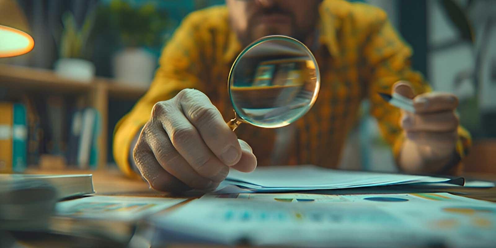 A researcher examining market evidence through a magnifying glass