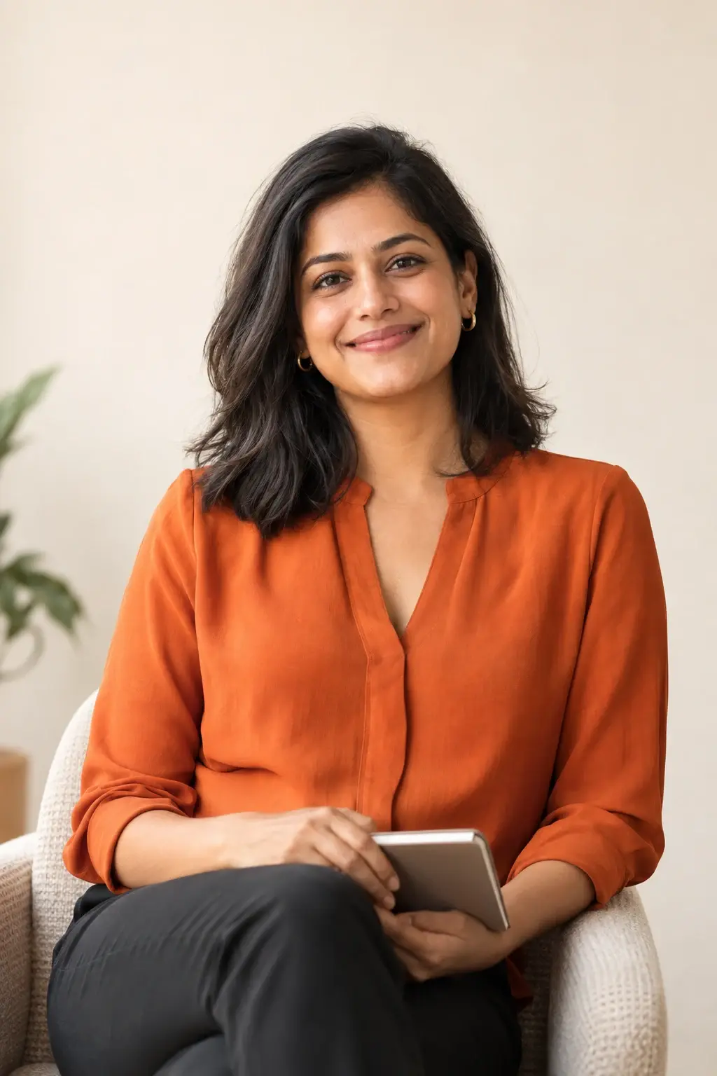 Illustrative portrait of an Indian professional holding a notebook