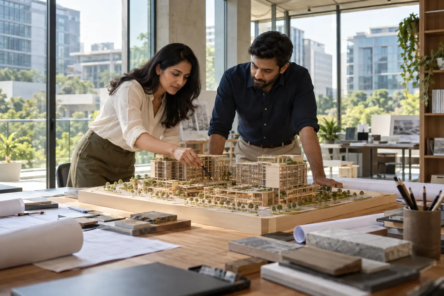 Illustrative Indian architect reviewing a model in a sunlit contemporary building