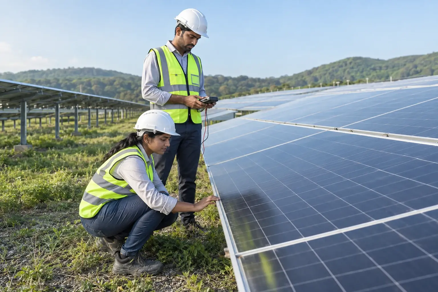 Illustrative Indian renewable-energy engineers inspecting a modern solar installation