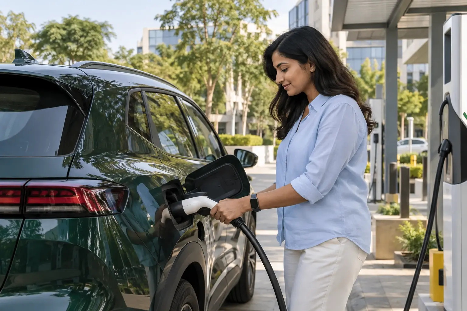 Illustrative Indian electric-vehicle driver connecting a charger at a contemporary mobility hub