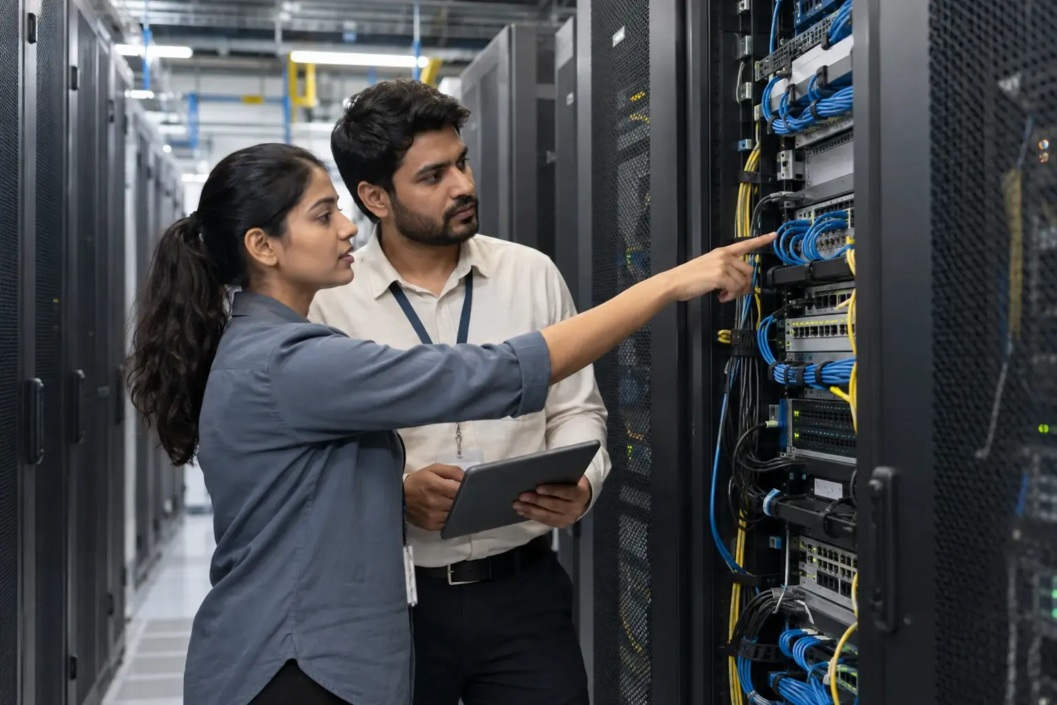 Illustrative Indian technology specialists reviewing enterprise infrastructure in a data centre