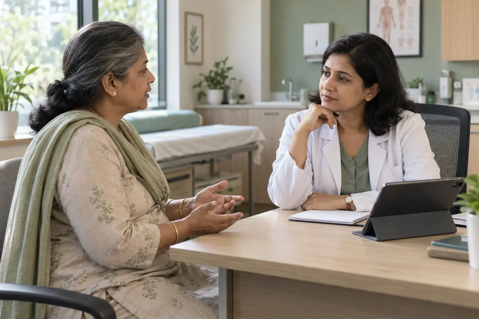 Illustrative healthcare consultation between an Indian physician and patient