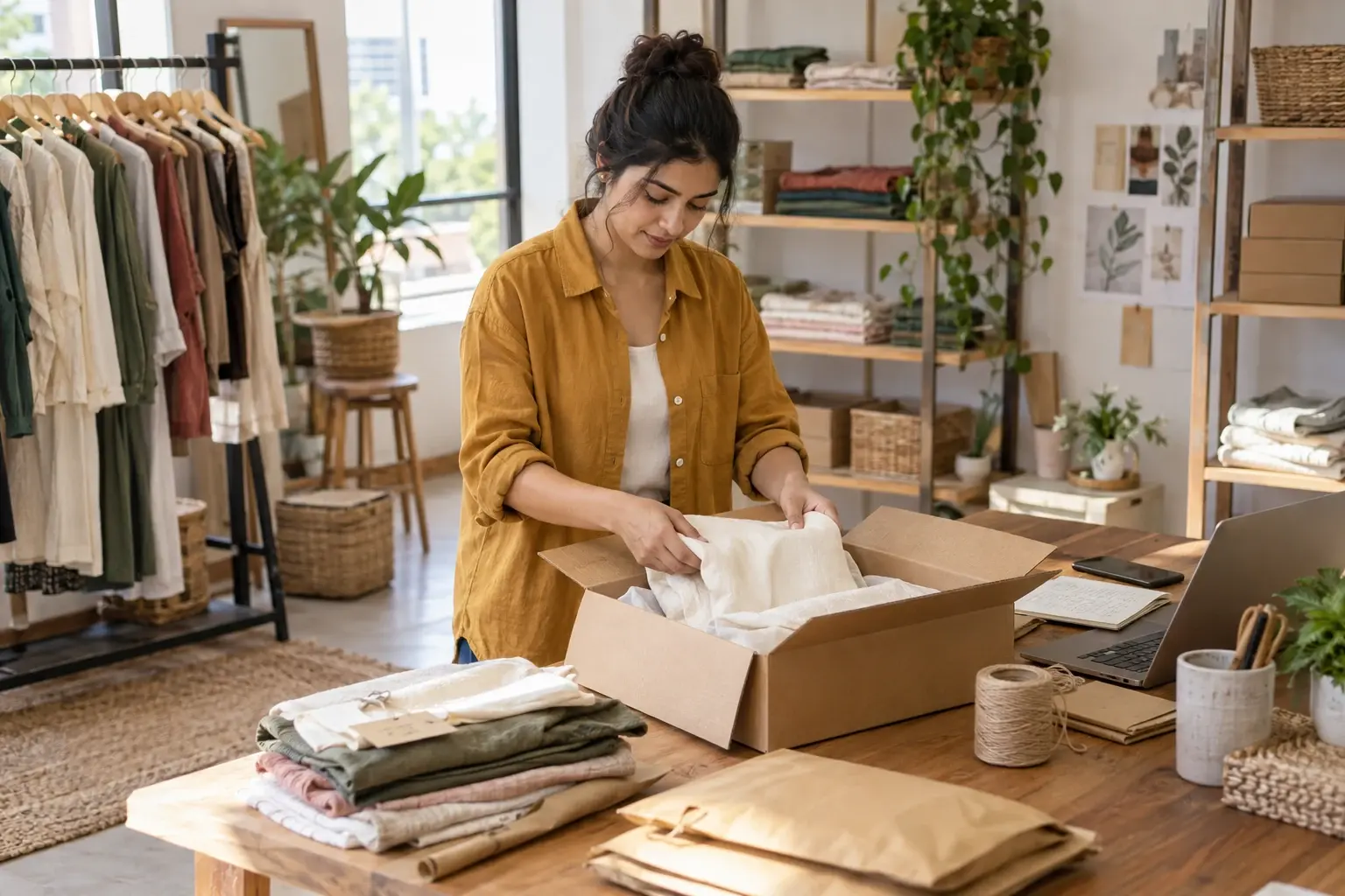 Illustrative retail fulfilment specialist preparing a customer order in a modern Indian studio