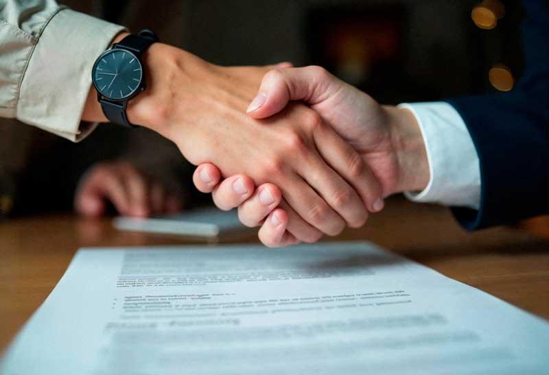 Business professionals shaking hands across a meeting table